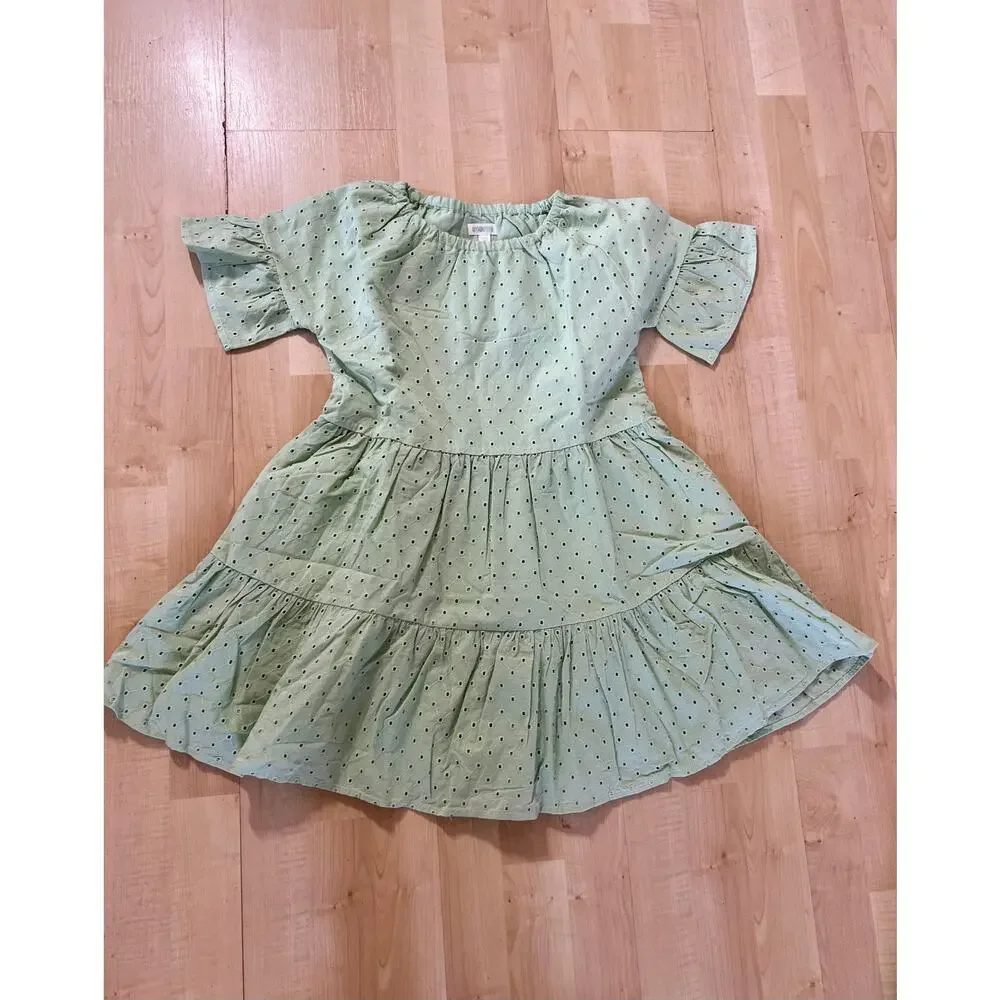 Gymboree Green Eyelet Tiered Dress Girls Size L 10-12 Cotton Summer Chic casual